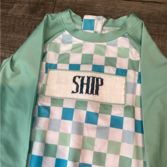 Mimi&coco mint Green and Blue Checkered Baby swimsuit Romper size 2T NWOT - Picture 2 of 5